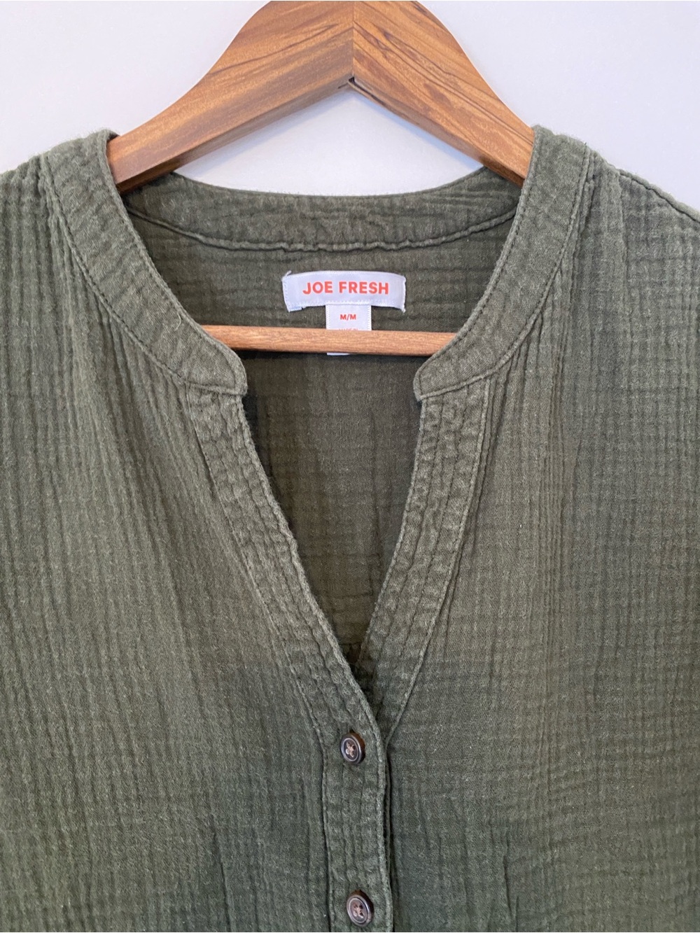 Olive Green Button-Front Gauze Blouse - Picture 3 of 9